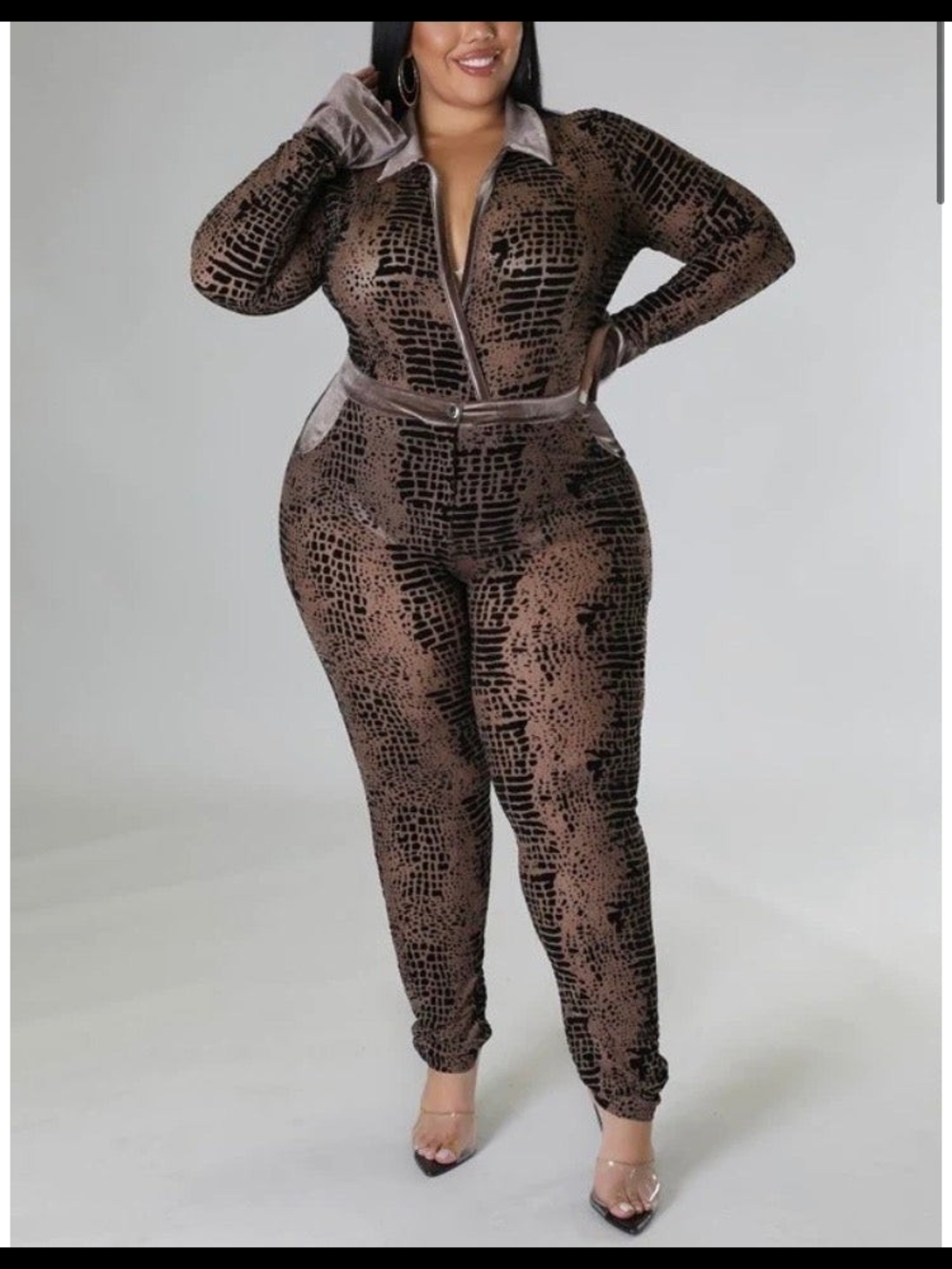 Plus Size Brown Printed Velvet Zip-Front Panys Set